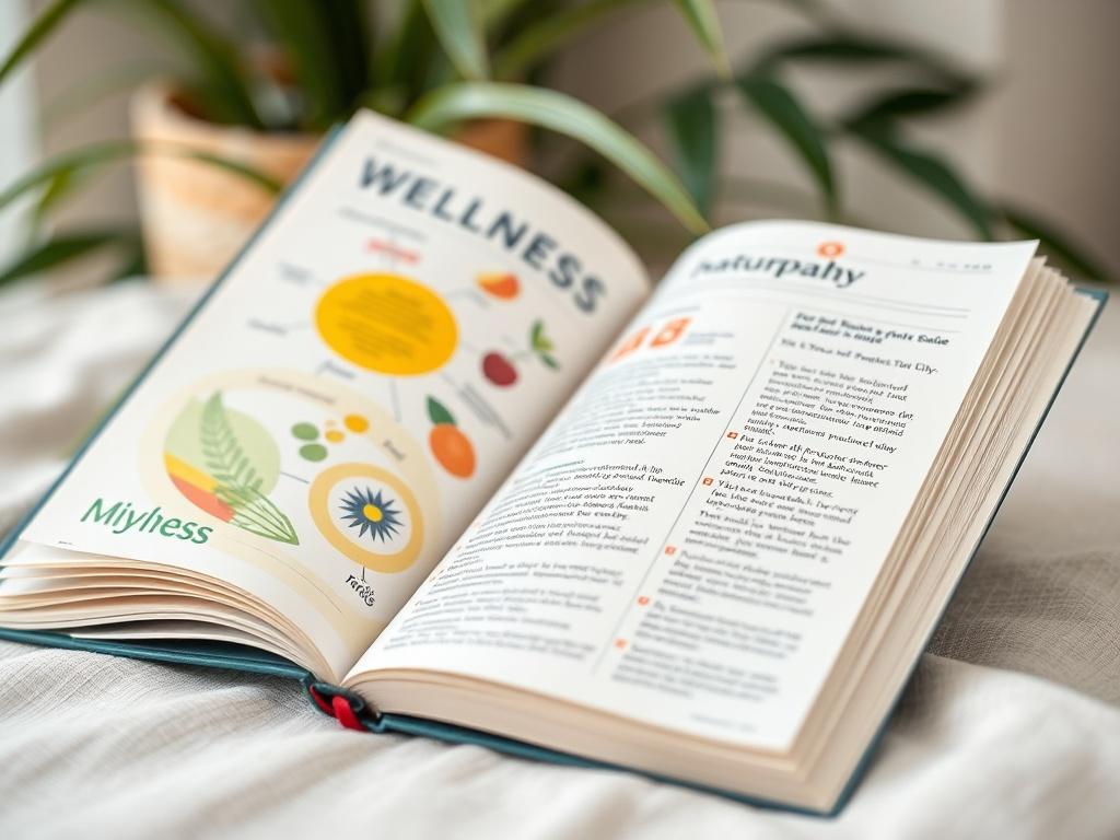 A close-up shot of an open wellness guide featuring colorful pages with diagrams and text on naturopathy concepts. The background is soft and calming, with natural elements like plants subtly blurred to emphasize the guide's content.