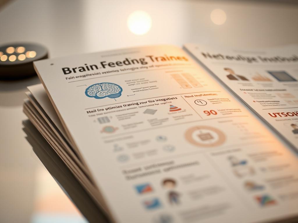 A close-up shot of a neurofeedback training manual with engaging graphics and illustrations on brain optimization techniques. The background is a soft gradient reflecting calmness, with subtle hints of technology to signify modern approaches.