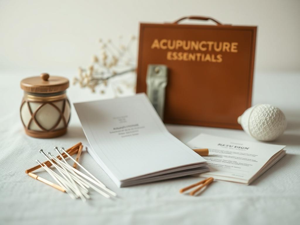 A close-up shot of an acupuncture essentials kit, showcasing neatly arranged needles, a guidebook, and instructional materials. The background is serene and minimalistic, invoking a sense of calm and wellness.