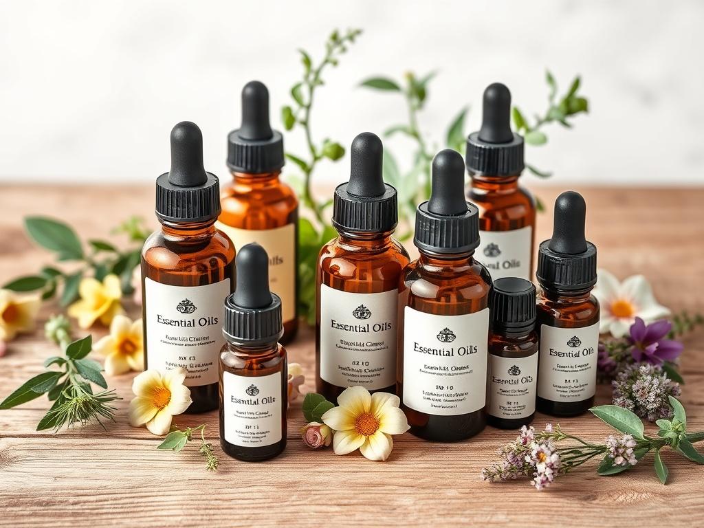 A beautifully arranged Essential Oils Collection featuring small amber bottles with dropper tops on a wooden surface. Each bottle is labeled and surrounded by fresh herbs and flowers, creating a natural and calming setting. The background should be light and airy, emphasizing the purity of the oils.