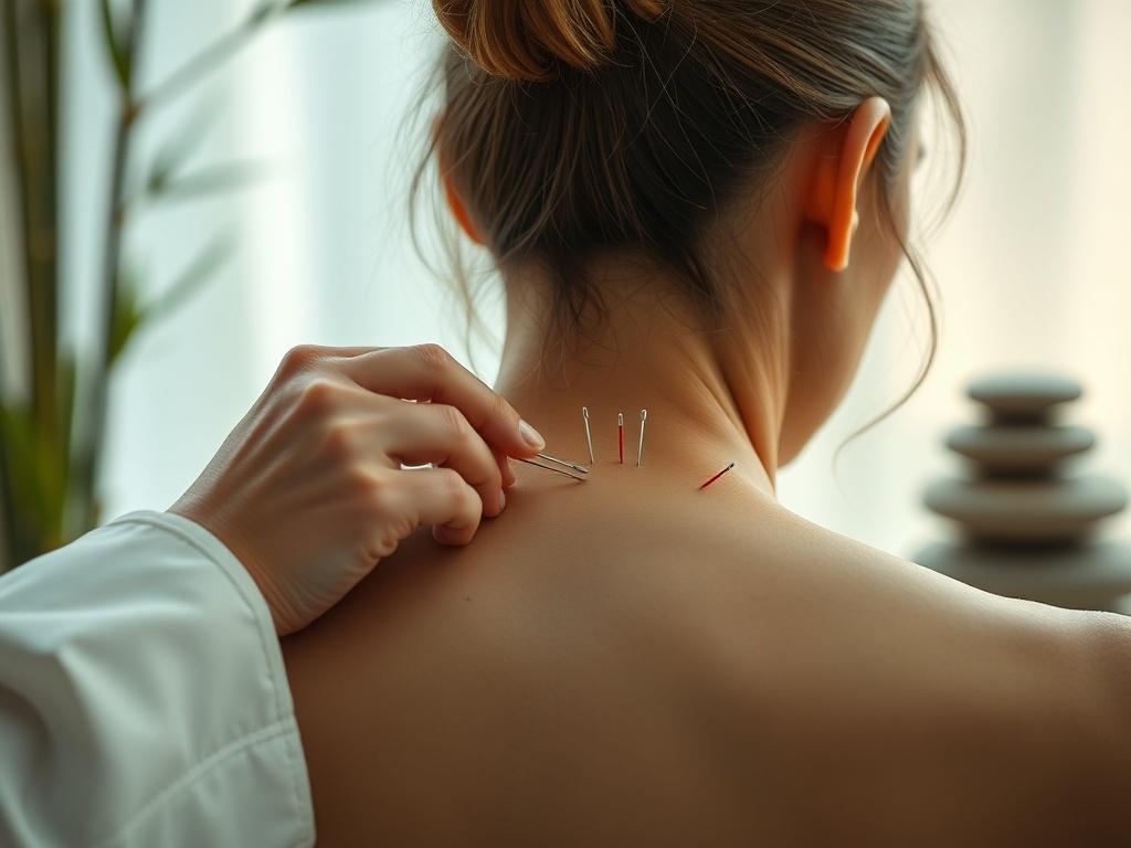 A high-resolution close-up capturing a practitioner gently placing acupuncture needles on a client's back. The setting should be peaceful, with soft ambient lighting and elements of nature like bamboo or stones in the background, conveying tranquility.