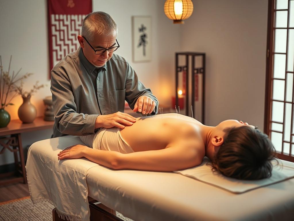 A tranquil acupuncture treatment scene with a patient lying comfortably on a treatment table. The acupuncturist, a focused middle-aged man, is gently placing needles on the patient's back. The room is softly lit with calming colors, and traditional Chinese decor enhances the ambiance. The image is high-resolution, shot with a 45mm f/1.2 lens, emphasizing the serenity of the treatment experience.