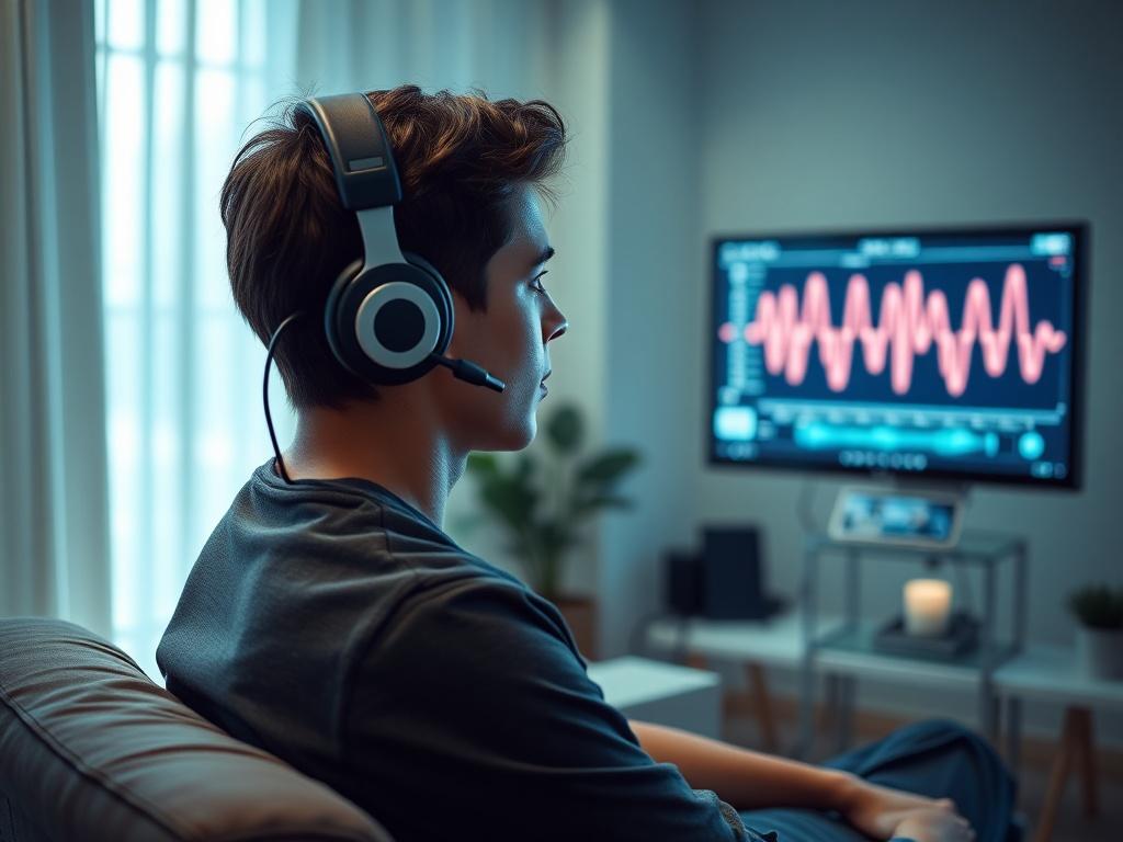 An individual engaging in a neurofeedback session, sitting comfortably in a modern therapy room. The person, a young adult, is wearing a headset connected to a computer screen displaying brainwave activity. Soft ambient light fills the room, creating a focused yet relaxed atmosphere. The image is captured in high resolution with a 45mm f/1.2 lens, highlighting the interaction between the individual and the technology.