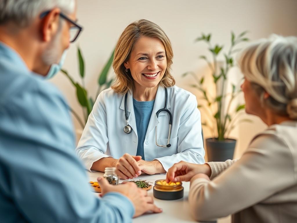 A serene environment showcasing a clinician working with a patient in a cozy, inviting office. The clinician, a middle-aged woman with a warm smile, is demonstrating a holistic approach with natural herbs and supplements on the table. The background features soft lighting and plants, creating a calming atmosphere. The image is shot in high resolution with a 45mm f/1.2 lens, emphasizing the connection between the clinician and the patient.