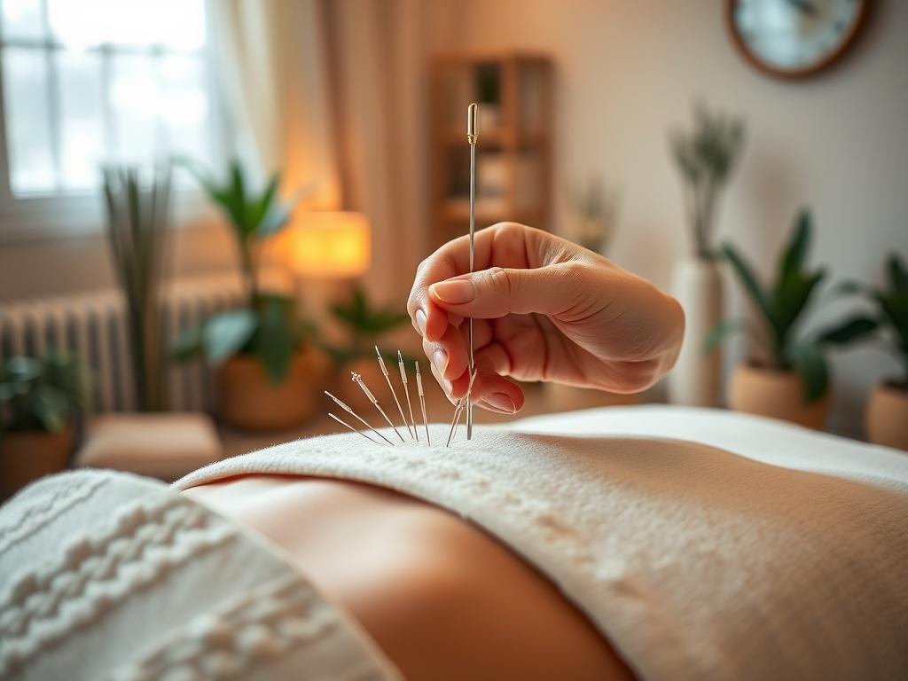 A serene treatment room with soft lighting, featuring a massage table and acupuncture needles. The room is decorated with calming plants and warm colors, creating a peaceful atmosphere. A close-up shot of a hand administering acupuncture to a patient, emphasizing relaxation and care. Focus on the hand and needle, with a blurred background of the room's soothing decor.