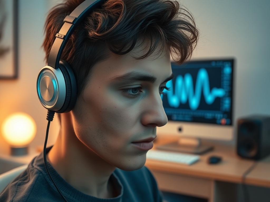 A focused individual engaging in a neurofeedback session, wearing a specialized headset. The background shows a calming room with soft colors and a computer displaying brainwave activity. The individual's expression reflects concentration and tranquility, highlighting the connection between technology and mental wellness.