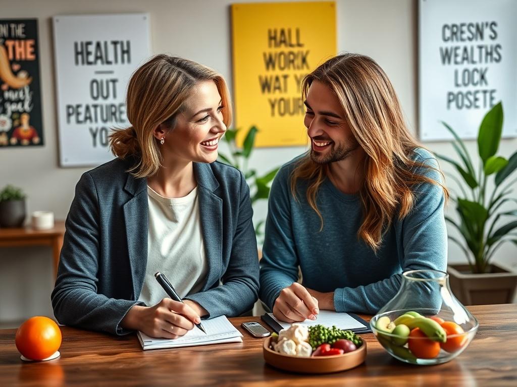 A health coach and client engaged in a discussion, with a notepad and healthy food items visible on the table. The scene conveys warmth and collaboration, showcasing the supportive relationship between the coach and client. The background includes motivational posters and a plant, enhancing the positive atmosphere.