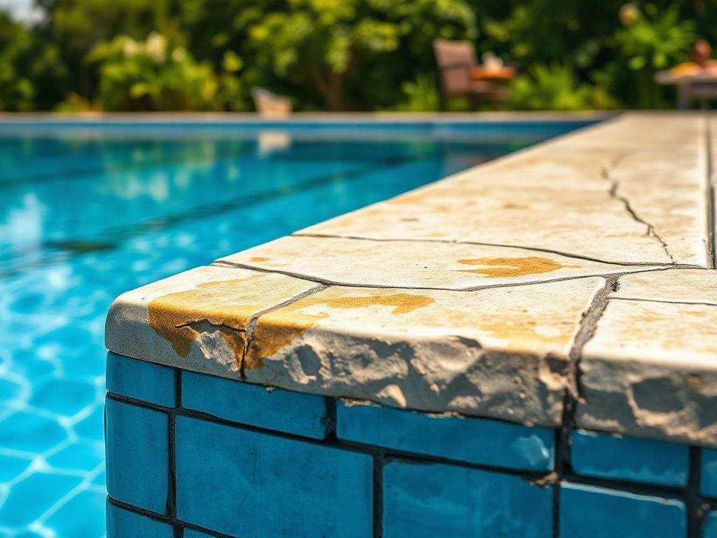 Generate a hyper-realistic high-resolution image showcasing a close-up shot of a swimming pool surface with visible signs of wear. The composition should prominently feature a single area of the pool that highlights multiple warning signs indicating the need for resurfacing. 

1. **Subject Matter**: 
   - Focus on a section of a pool that displays rough surfaces, prominent cracks, and spots of staining or discoloration. 
   - Include recurring algae problems along the edges or in the corners of the pool, em