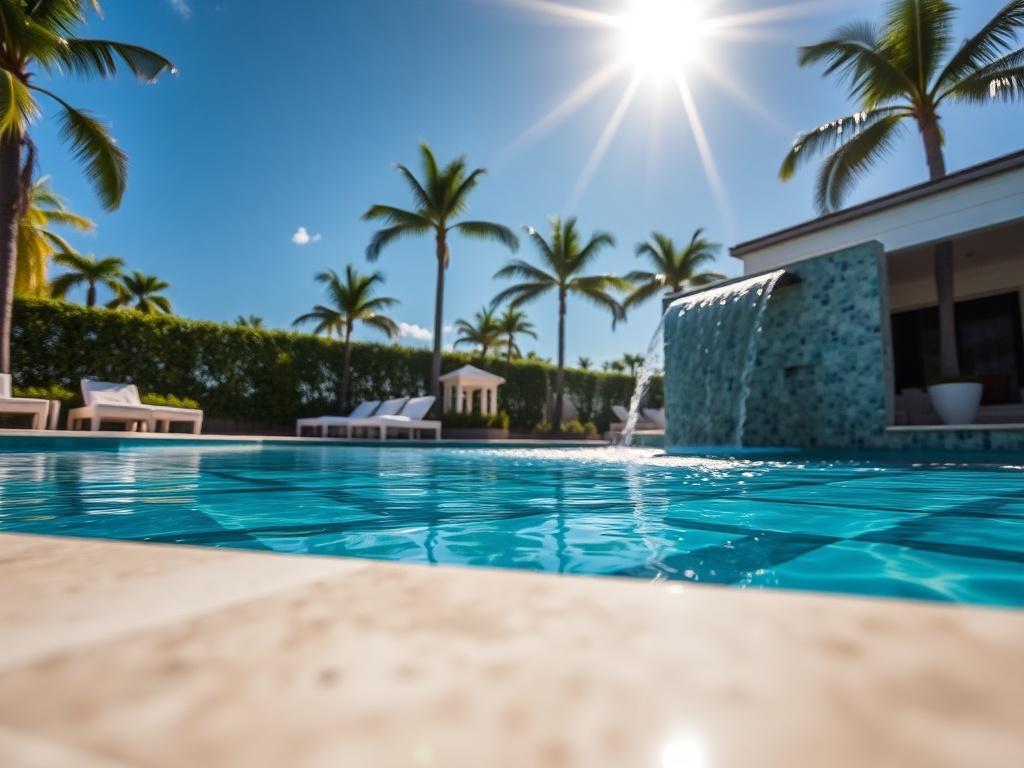 Create a realistic high-resolution image that visually represents the theme of a blog titled "Not All Pool Companies in Ft. Lauderdale Do This—We Do." Focus on a close-up shot of a beautifully remodeled swimming pool showcasing pristine, crystal-clear water reflecting sunlight. The pool should have elegant, modern tiles and a stunning waterfall feature that exudes luxury and quality craftsmanship.

In the background, depict a well-maintained outdoor space with lush greenery, palm trees, and a bright blue sk
