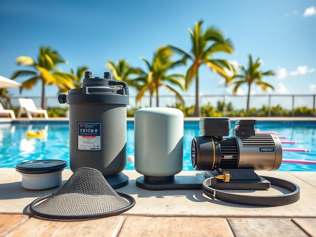 Create a realistic high-resolution image of a well-maintained swimming pool in South Florida, emphasizing clarity and simplicity. The main subject should be a high-quality filtration system centrally positioned next to the pool. Surround the filtration system with essential pool equipment, such as a pool pump, a skimmer net, and a solar cover, laid out neatly to showcase their importance for year-round pool maintenance. 

The background should feature a bright, sunny day typical of the South Florida climate