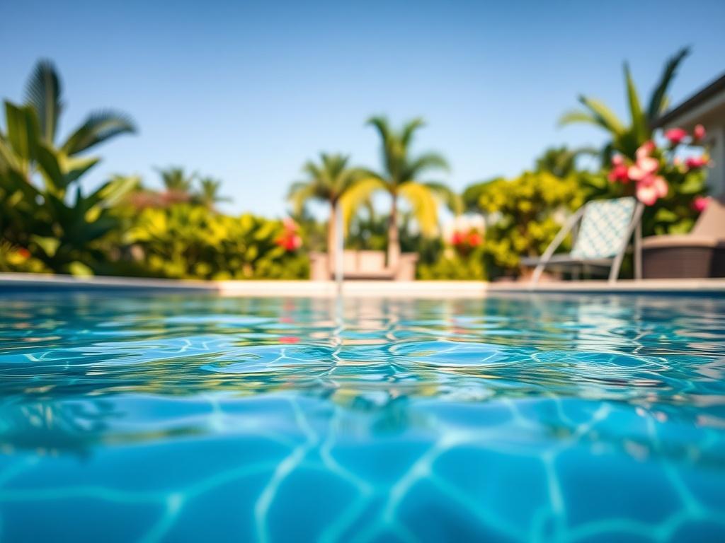 Create a highly realistic high-resolution photo of a serene outdoor pool area in Florida, showcasing an attractive remodeled swimming pool. The image should focus on the pool’s gleaming water and surrounding elements, such as elegant pavers and lush tropical landscaping, conveying a sense of a relaxing oasis. Use a 45mm f/1.2 lens style to emphasize the rich colors and textures, showing close-up details like the ripples in the water and vibrant greenery.

The background should include subtropical plants, pe