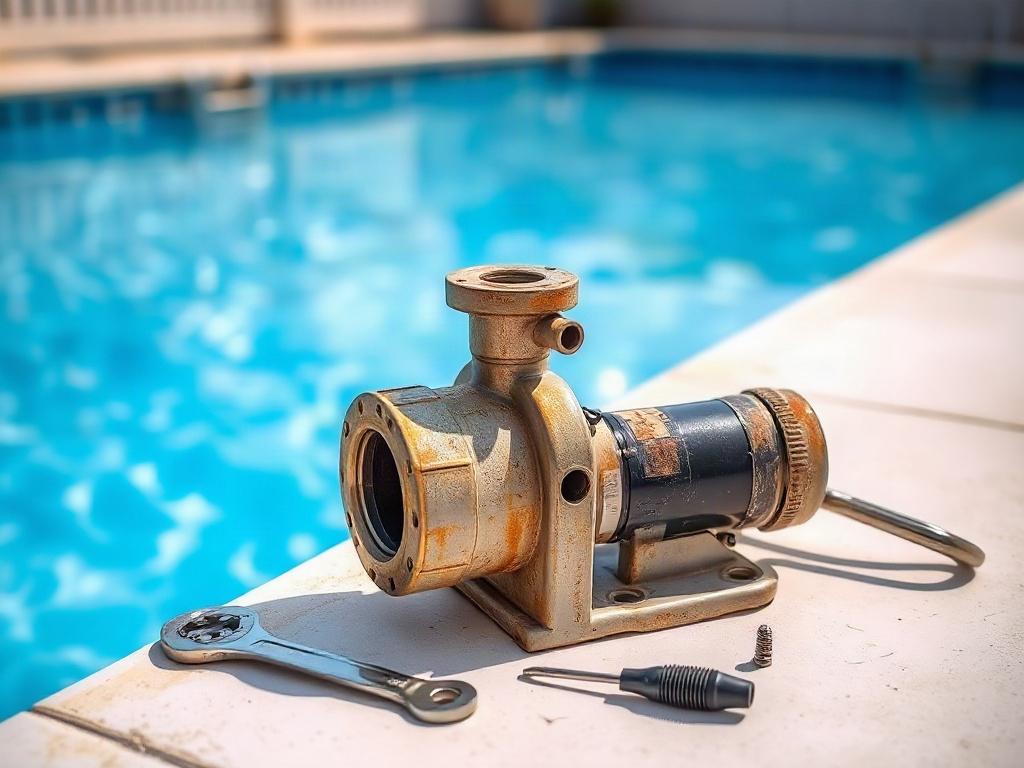 Create a realistic high-resolution photo focusing on a close-up shot of an aged pool pump placed on a clean, white surface. The pool pump should exhibit signs of wear, such as rust or faded paint, symbolizing its age and highlighting the decision-making process of when to repair vs. replace. Surround the pump with a few small tools, such as a wrench and screwdriver, lightly scattered to suggest the act of evaluating and working on equipment. In the background, include a blurred out image of a sparkling swim