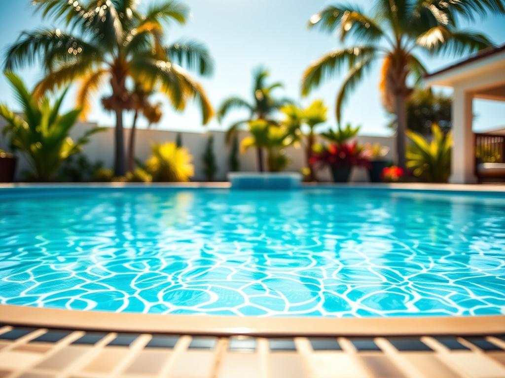 Create a realistic high-resolution photo featuring a close-up shot of a beautiful, newly built swimming pool in a sunny backyard setting in Port St. Lucie. The main subject should be the shimmering blue water of the pool, showcasing its pristine surface reflecting the sunlight, with the intricate tile work at the water's edge clearly visible.  

In the background, include lush greenery such as palm trees and vibrant tropical plants that evoke a warm, inviting atmosphere. The sky should be a bright, clear bl