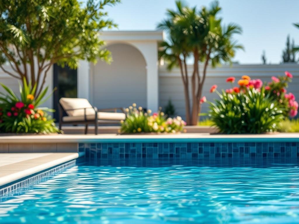 Create a highly detailed, realistic high-resolution photo that reflects the blog titled "5 Must-Know Tips Before Remodeling Your Pool." The composition should focus on a single subject – a stunning, remodeled swimming pool showcasing beautiful finishing touches, such as elegant tile work and a modern pool deck. The pool should be filled with crystal-clear water, glistening in natural sunlight. Surrounding the pool, include lush landscaping with vibrant greenery and colorful flowers to evoke a sense of tranq