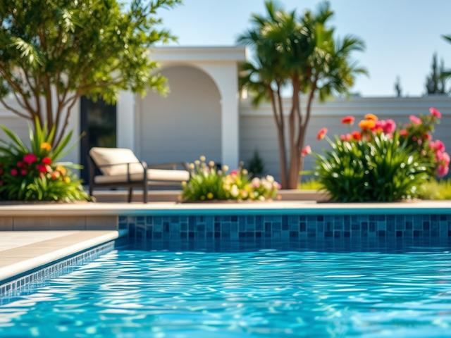 Create a highly detailed, realistic high-resolution photo that reflects the blog titled "5 Must-Know Tips Before Remodeling Your Pool." The composition should focus on a single subject – a stunning, remodeled swimming pool showcasing beautiful finishing touches, such as elegant tile work and a modern pool deck. The pool should be filled with crystal-clear water, glistening in natural sunlight. Surrounding the pool, include lush landscaping with vibrant greenery and colorful flowers to evoke a sense of tranq