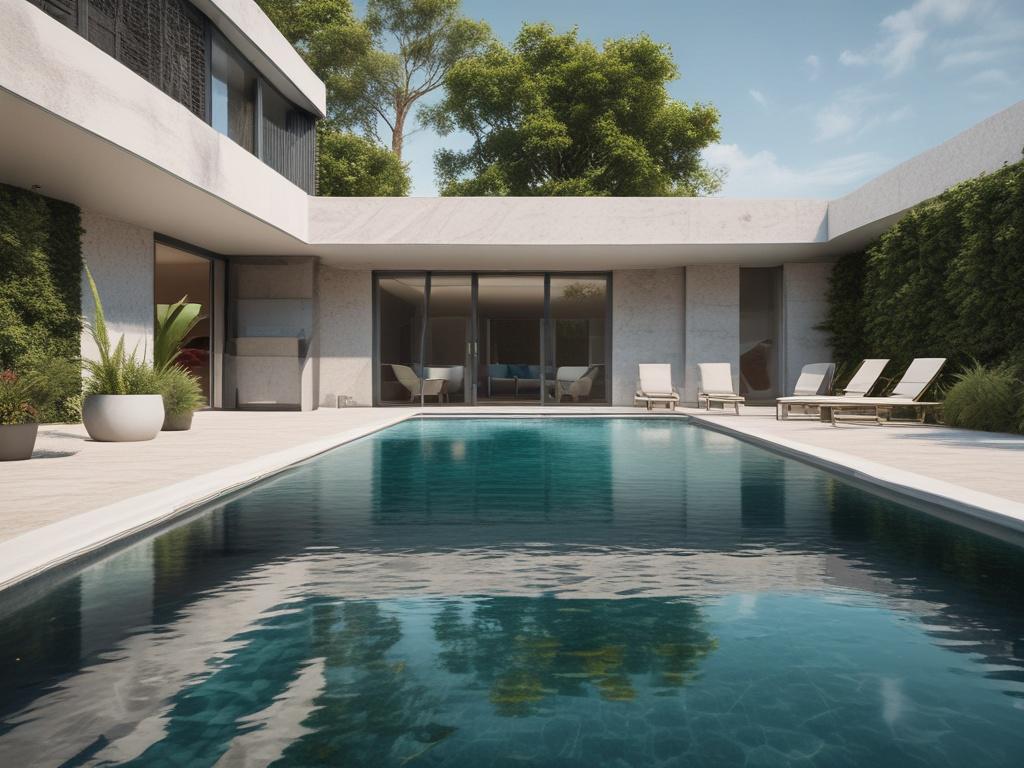 Create a highly detailed, hyper-realistic image of a stunning swimming pool featuring modern remodeling elements that inspire creativity for 2026. The composition should be focused on a single subject: a luxurious, contemporary swimming pool with sleek, modern finishes. The pool should boast a beautiful travertine deck interspersed with lush greenery—think palm trees and ornamental plants that enhance the serene atmosphere.

Incorporate elegant features such as a waterfall cascading into the pool, adding an