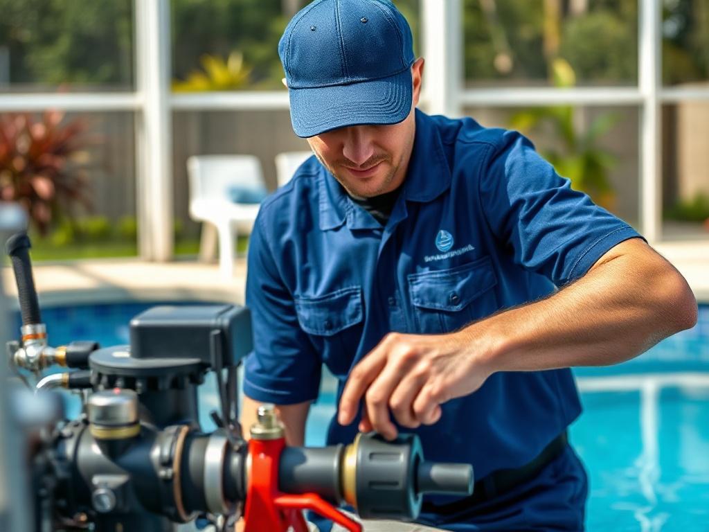 **AI Image Generation Prompt:**

Create a realistic high-resolution photo that captures the essence of Bluewater Pools, a premier swimming pool repair service known for its outstanding service quality and expertise in Florida. The image should focus on a single subject: a skilled technician from Bluewater Pools expertly repairing a residential pool. 

**Composition:**
- The technician should be centrally positioned, showcasing their professionalism and dedication to high-quality service. 
- Use a close-up s