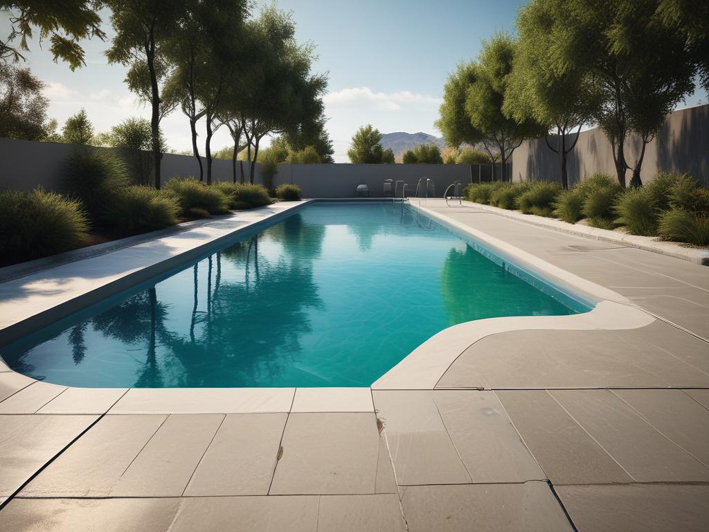Create a highly detailed, realistic high-resolution photo that captures the essence of a safe and slip-resistant pool walkway, embodying the theme of thoughtful design for safety. The singular subject should be a beautifully designed pool walkway made of textured paving stones, showcasing its non-slip surface. The walkway should be positioned along the edge of a sparkling blue swimming pool, reflecting a serene and inviting atmosphere.

The composition should focus on the walkway, emphasizing the materials 