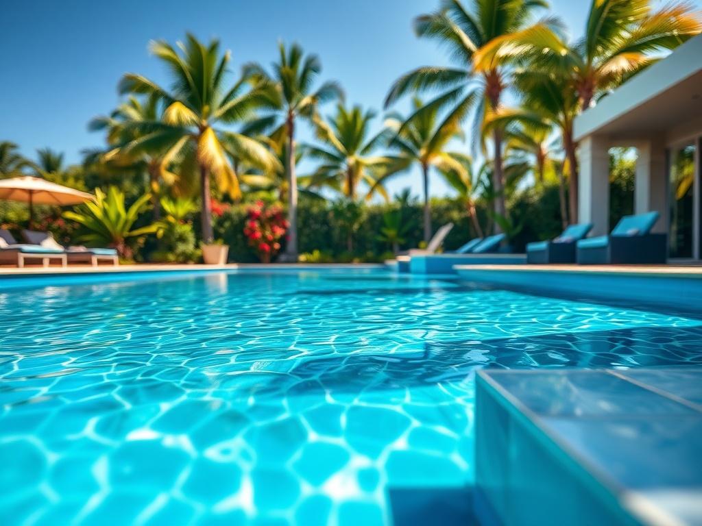 **AI Image Generation Prompt:**

Create a realistic high-resolution photo that captures the essence of pool remodeling in Fort Lauderdale. The image should feature a beautifully designed swimming pool, showcasing modern features such as sleek tiles, water features, and stylish seating. Focus closely on the unique textures of the pool materials, highlighting the shimmering water reflecting sunlight. 

The composition should be simple and clear, with the pool as the sole subject in the frame, framed by lush t