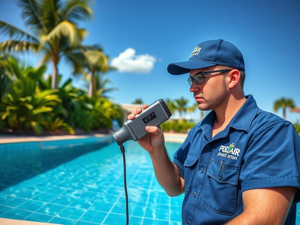 **AI Image Generation Prompt:**

Create a realistic high-resolution photograph that visually represents the importance of professional pool leak detection in Florida. The image should feature a trained technician, a male figure in his 30s, wearing a blue uniform with a logo representing a pool repair service. He is holding specialized leak detection equipment, such as an acoustic listening device, poised to carefully analyze a section of a beautiful, well-maintained swimming pool. The technician should exhi