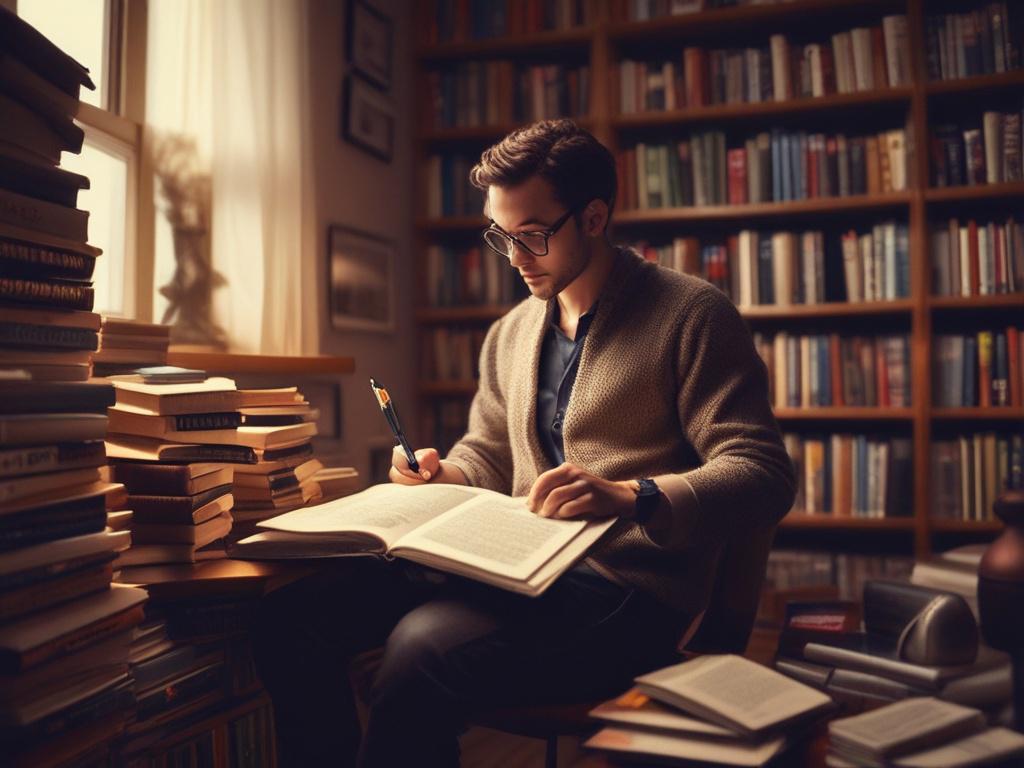 a close up shot of an author in a cozy,
