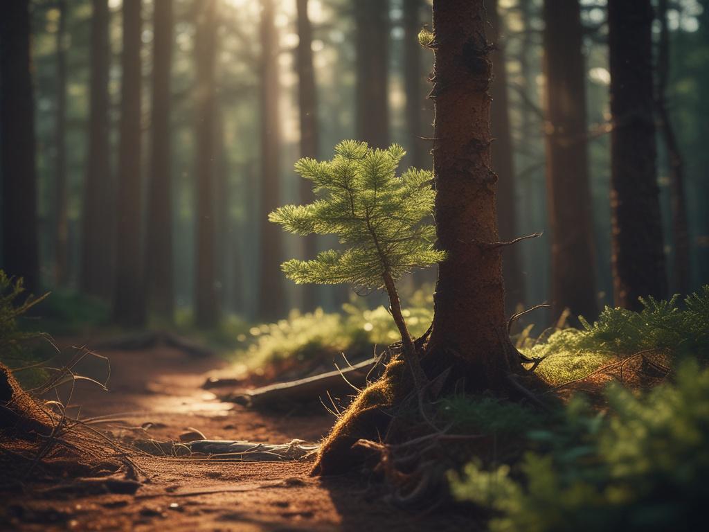 A close-up shot of a mysterious pine forest, with dappled sunlight filtering through the trees, creating an ethereal atmosphere. The focus is on a single, ancient pine tree that appears to whisper secrets of the past. The background is softly blurred to enhance the depth of field, with rich green hues reflecting the primary color rgb(50, 170, 39). The image should evoke a sense of intrigue and wonder.
