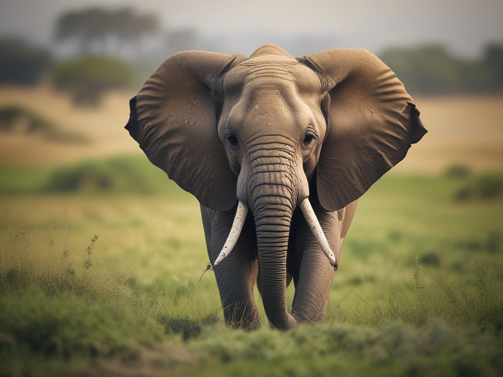 A close-up shot of a young elephant in the savanna, showcasing its gentle eyes and playful demeanor, surrounded by a vibrant green landscape, shot with a 45mm f/1.2 lens.