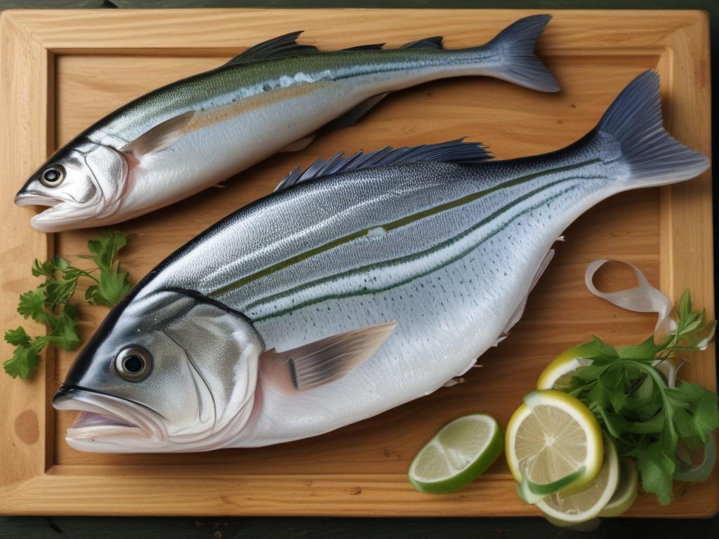 A close-up shot of a fresh striped bass on a wooden cutting board. The fish is glistening with moisture, showcasing its beautiful silver and greenish hues. Surrounding the fish are some herbs like rosemary and slices of lemon, adding a vibrant touch. The background is softly blurred to emphasize the striped bass, creating an inviting and fresh atmosphere, shot with a 45mm f/1.2 lens style.