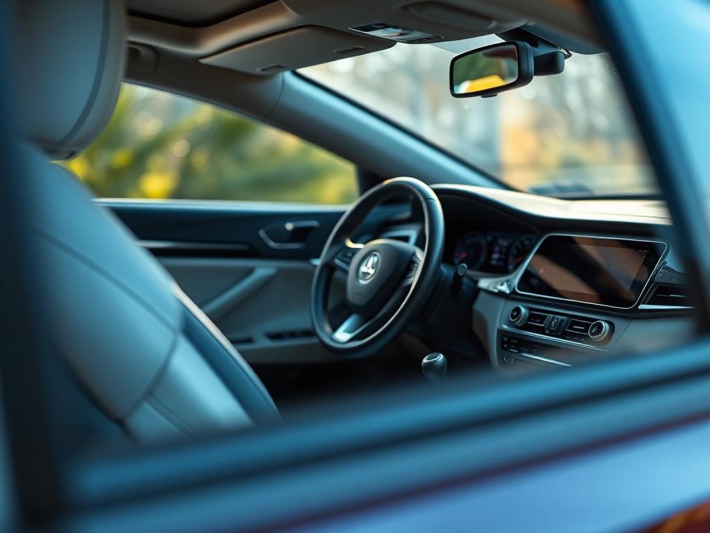 A close up view of a pristine car interior, showing