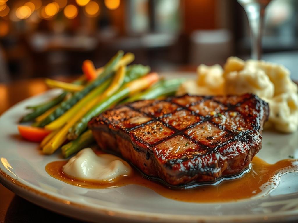 A high-resolution close-up shot of a beautifully plated Western dish, such as a juicy grilled steak with a side of garlic mashed potatoes and sautéed vegetables. The steak is cooked to perfection, showcasing a rich, caramelized crust. The plate is elegantly arranged, with a drizzle of gourmet sauce adding a touch of sophistication. The background features soft, warm lighting that enhances the inviting atmosphere of Flora Terrace Restaurant.