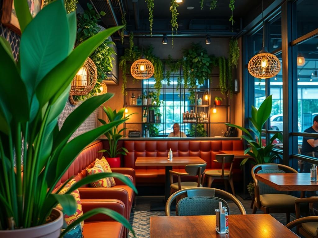 A captivating close-up shot of the restaurant's unique OOTD (Outfit of the Day) ambience, featuring stylish decor elements like lush green plants, chic furniture, and warm lighting. The setting is inviting and vibrant, creating a perfect backdrop for diners to capture memorable moments. The image focuses on a corner of the restaurant where guests can enjoy their meals while surrounded by an aesthetically pleasing environment.