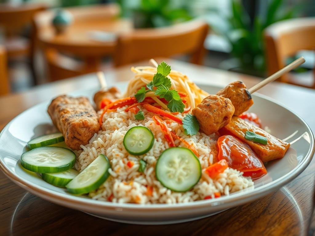 A close-up shot of an exquisite plate of local Malaysian delicacies, showcasing vibrant colors and intricate presentation. The dish features a variety of traditional ingredients like nasi lemak, satay skewers, and sambal, garnished with fresh cucumber slices and aromatic herbs. The background is softly blurred to emphasize the food, with a hint of greenery to reflect the restaurant's ambiance.