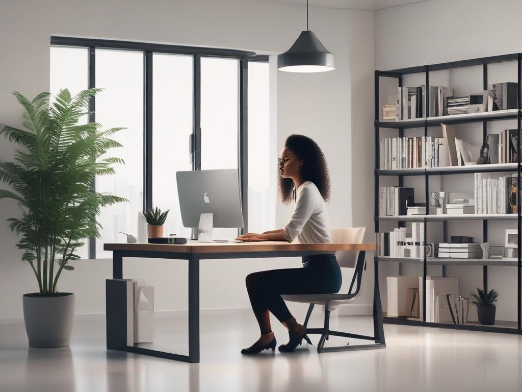 A professional virtual assistant sitting at a sleek, modern desk