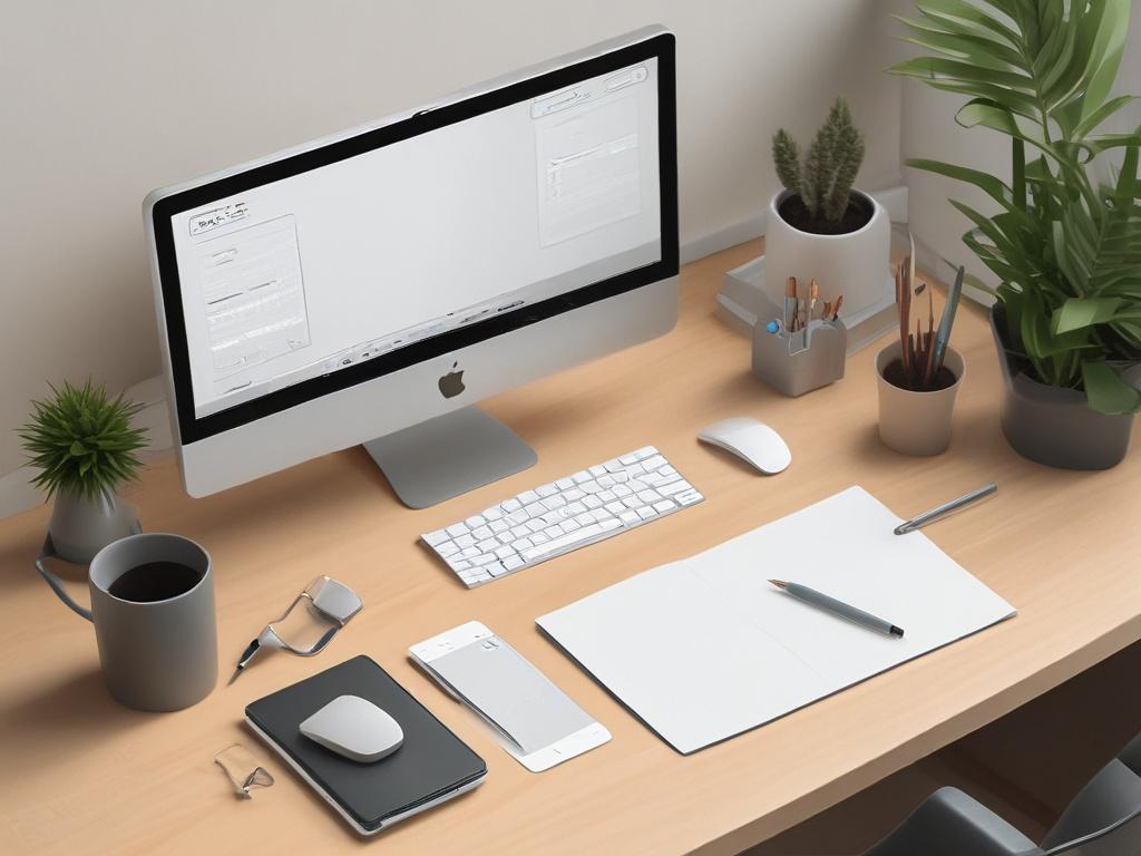 A modern office environment with a sleek desk and organized
