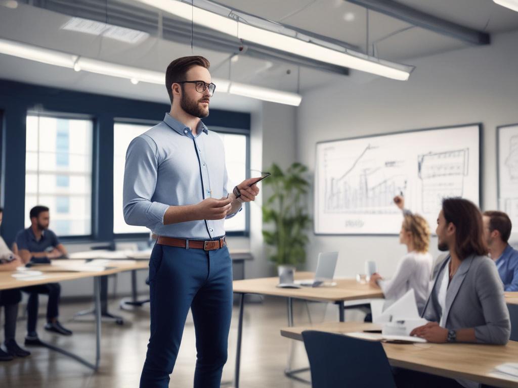 A confident individual standing in front of a whiteboard, presenting