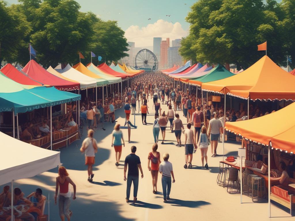 A vibrant local festival with various booths and activities, bustling