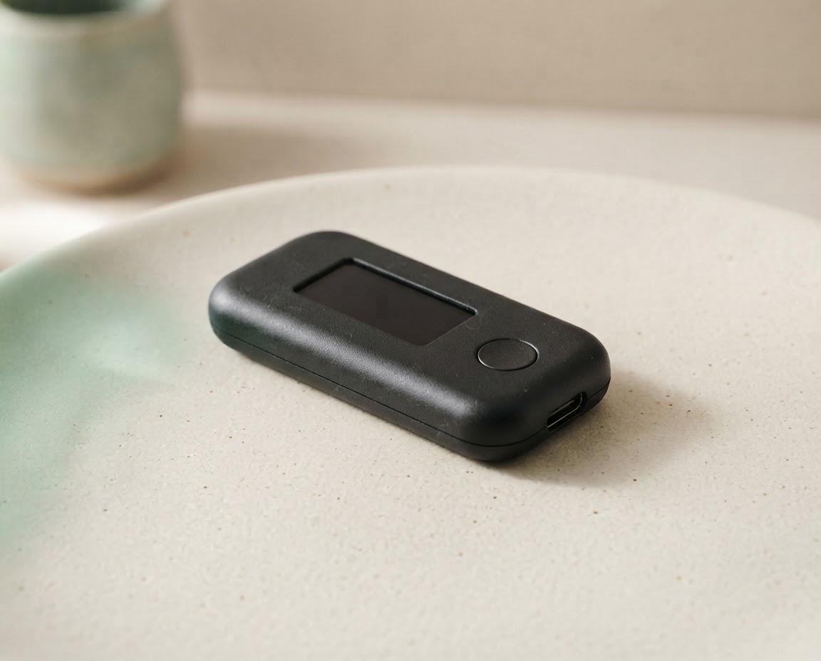 A compact black hardware wallet resting on a softly lit ivory surface