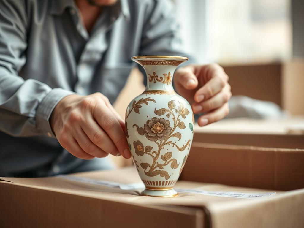 A hyper-realistic close-up shot of a delicate antique vase being carefully packed by a moving professional. The background is softly blurred to emphasize the vase and the packing materials. The image is shot with a 45mm f/1.2 lens to create a sharp focus on the vase, showcasing its intricate details and craftsmanship.