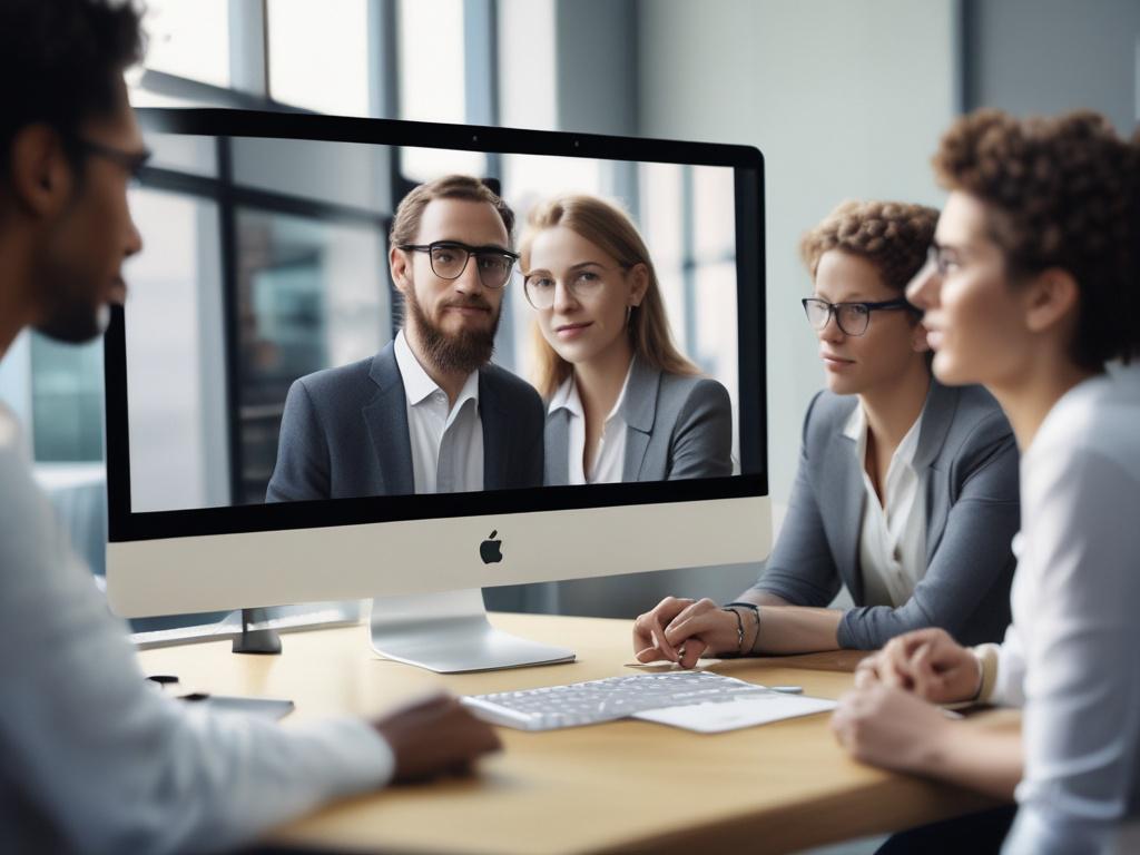 A close-up shot of a business consultant discussing AI technology with a diverse team in a modern office setting. The consultant is explaining a digital presentation on AI tools, with team members engaged in discussion. The background should be a sleek, contemporary workspace with natural light, creating a professional and inviting atmosphere.