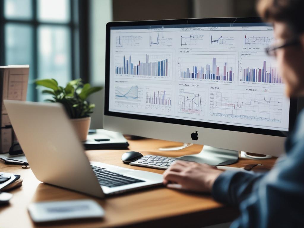 A professional consultant reviewing AI tools and platforms, sitting at a modern desk with a laptop open, surrounded by charts and reports, in a well-lit office environment. The focus is on the consultant's focused expression as they analyze data, capturing the essence of technology evaluation and decision-making.
