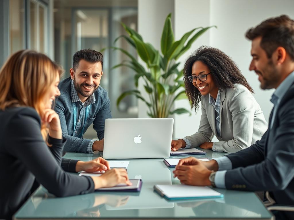 Create a realistic high-resolution photo of a professional team collaborating in a bright, modern office environment. The focus should be on a diverse group of individuals engaged in a brainstorming session, showcasing a mix of genders and ethnicities. They should be sitting around a sleek table with laptops and notepads, with a green plant in the background to symbolize growth. The lighting should be warm and inviting, highlighting their expressions of focus and creativity.
