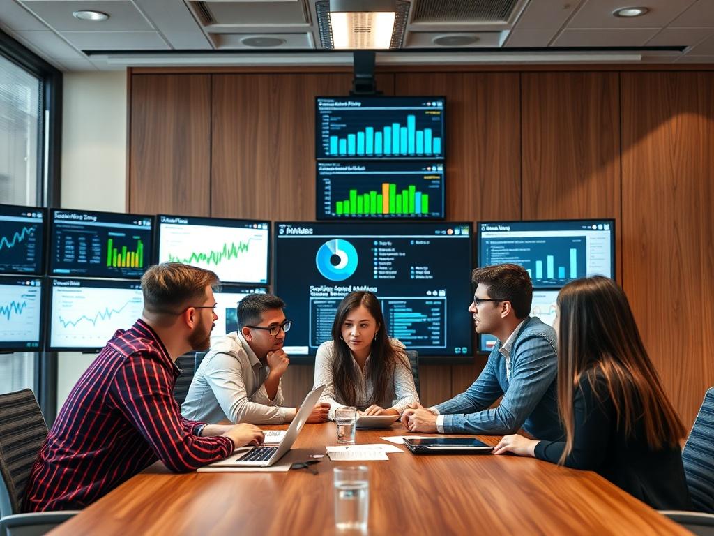 A modern digital marketing team brainstorming in a conference room,