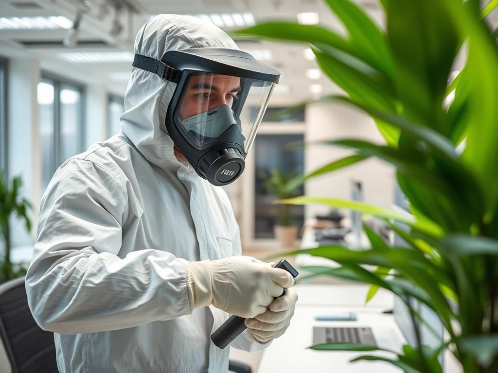 A high-resolution close-up shot of a professional pest control technician in protective gear applying a fumigation treatment in a clean, modern office environment. The background shows a tidy workspace with plants, emphasizing safety and cleanliness. The technician is focused on the task, showcasing professionalism and care. The lighting is bright, highlighting the vibrant green of the plants against a neutral office palette.