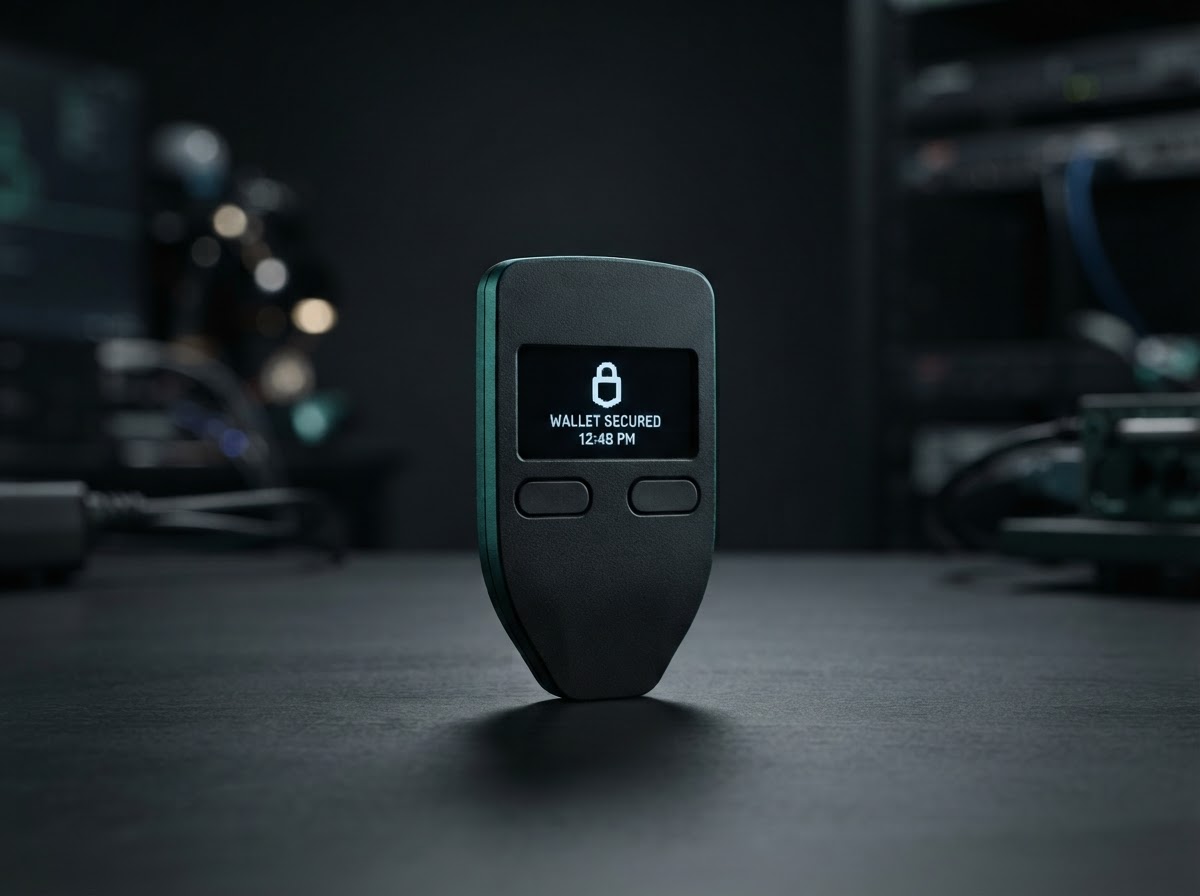 Matte-black Trezor hardware wallet device presented on a dark studio surface
