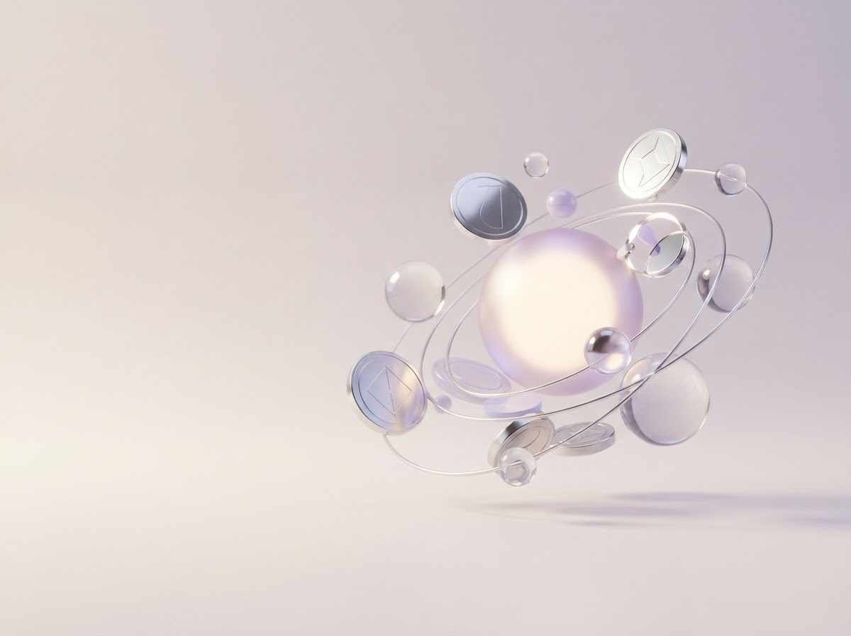 A luminous silver sphere surrounded by floating lavender and metallic forms