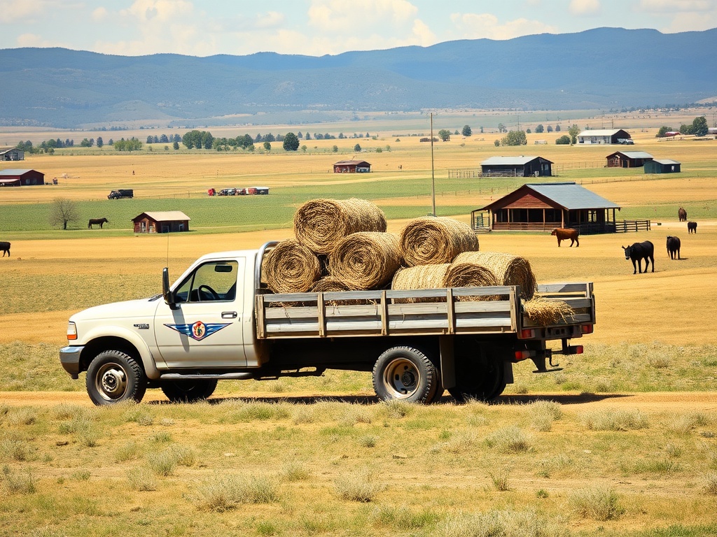 Custom flatbed with hay bales on ranch