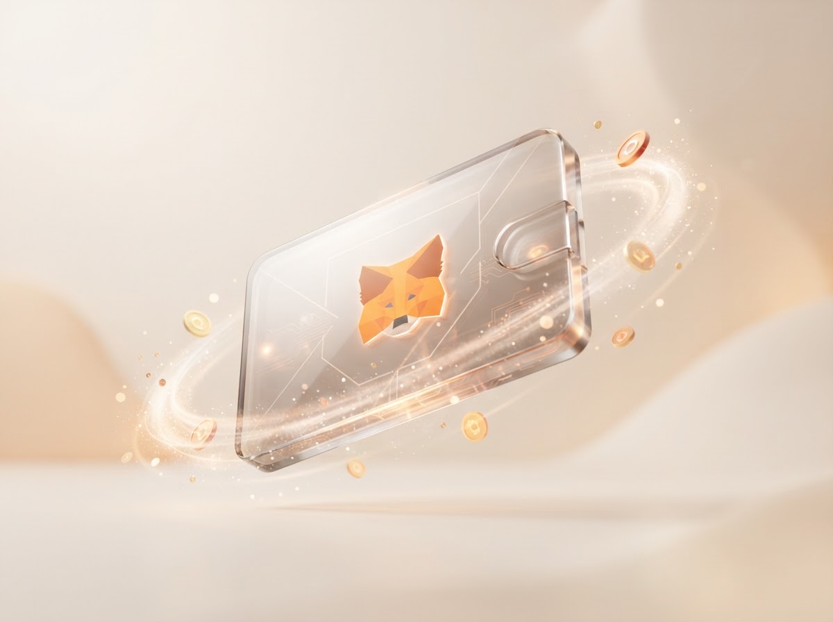A translucent wallet card with an orange fox emblem, surrounded by glowing coins