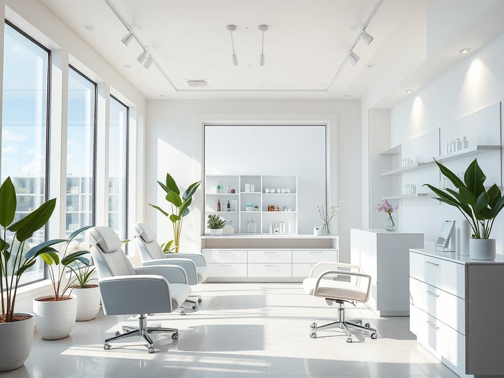 A serene and inviting beauty clinic interior, showcasing a clean and modern design. The space is well-lit with natural light streaming through large windows, highlighting the beauty treatment area. There are elegant treatment chairs, a calming color palette of soft whites and blues, and decorative plants for a touch of nature. The background features a well-organized reception area with beauty products displayed neatly. The overall atmosphere conveys relaxation and professionalism.