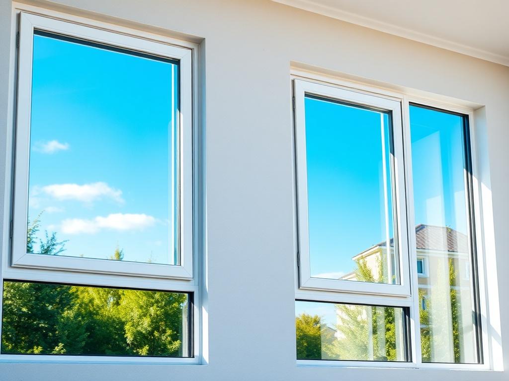 A high-resolution image showing a set of newly built residential windows in a modern building without any workers present. The windows should be clean and sparkling, reflecting a bright blue sky and some greenery in the background. The overall composition should highlight the clarity and cleanliness of the windows, emphasizing the modern architecture of the new building. The image should be vibrant and appealing, resonating with the theme of professional window cleaning.