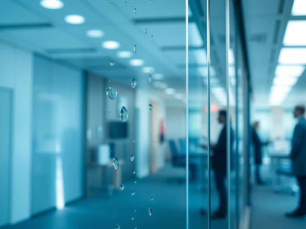 A realistic high-resolution photo of an office window, sparkling clean and reflecting the surrounding environment. The window should be the main subject, showcasing its clarity and shine without any workers present. The background should softly blur to emphasize the window, with light filtering through to highlight its cleanliness. The color scheme should incorporate shades of blue to complement the rgb(40, 93, 225) primary color.